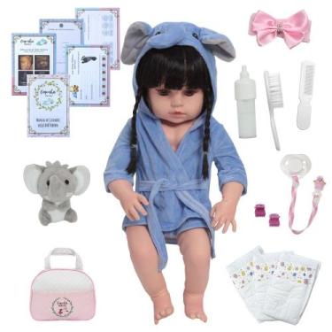 Imagem de Bebê Reborn Realista Morena Roupão Elefantinho Pelúcia Itens - Cegonha