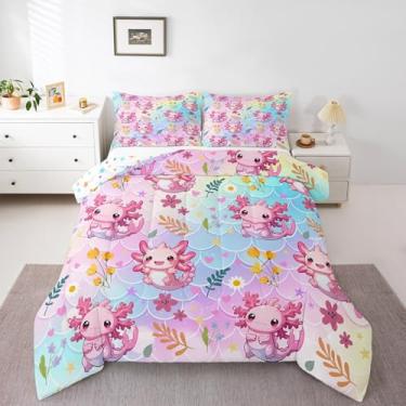 Imagem de Lindo conjunto de edredom solteiro com estampa de salamandra, réptil, escama de sereia, gradiente, arco-íris, desenho animado, animal, anfíbio, para decoração de quarto de princesa rosa