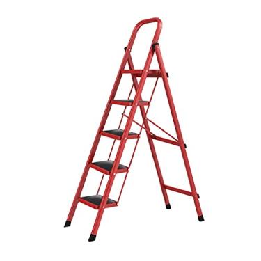 Imagem de Escadas dobráveis Escada dobrável de 5 degraus com aderência conveniente e pedal largo banco portátil de ferro escadas de 150 kg para escada resistente doméstica (cor: Vermelho) (vermelho)
