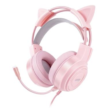 Imagem de UNIOJO Fone de ouvido rosa atualizado para PS4, PS5, Xbox One, PC, Switch, laptop, celular – orelhas de gato, microfone com cancelamento de ruído, som surround 7.1, luz LED, protetores auriculares de