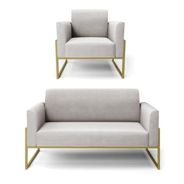 Imagem de Sofá Namoradeira Com Poltrona Base Industrial Alta Dourado Marisa Veludo D03 - D\'rossi Cor Cinza