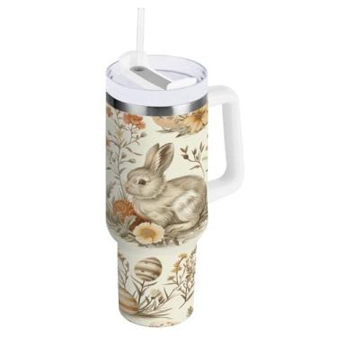 Imagem de ATTX Copo de coelho da Páscoa de 1,134 g com alça, copo de aço inoxidável a vácuo de parede dupla com palha, caneca de café de viagem isolada #449
