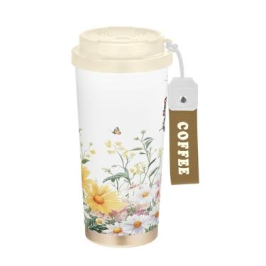 Imagem de SEHANY Caneca de viagem borboleta e flores de 482 ml Copos de café reutilizáveis revestidos de cerâmica com tampa à prova de vazamento, parede dupla, isolamento a vácuo, copo de café de aço inoxidável