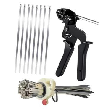 Imagem de oshhni Conjunto de 100 abraçadeiras metálicas de 4,6 mm x 300 mm, multiuso e resistentes ao calor, com ferramenta de fixação e corte para cercas de arame