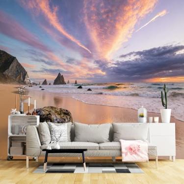 Imagem de Murais de parede de tamanho personalizado, praia pôr do sol areia dourada pedras irregulares tecido de parede autoadesivo (sem PVC) papel de parede grande removível para sala de estar, quarto