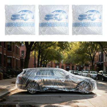Imagem de LEIFIDE Pacote com 3 3,8 x 6,5 m capa de carro universal descartável de plástico transparente com faixa elástica à prova d'água à prova de poeira protetor de carro transparente exterior completo para