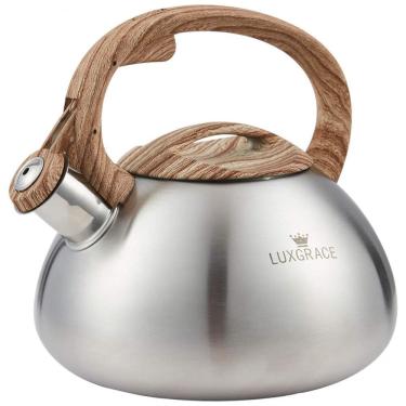 Imagem de Chaleira LUXGRACE Prata Com Apito 2,08L Aço Inox Alça Madeira Sintética Para Fogão Indução Gás Elétrica