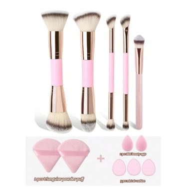 Imagem de Conjunto de 5 pincéis de maquiagem profissional rosa Duo-Head com 2 esponjas de pó, 5 esponjas de maquiagem