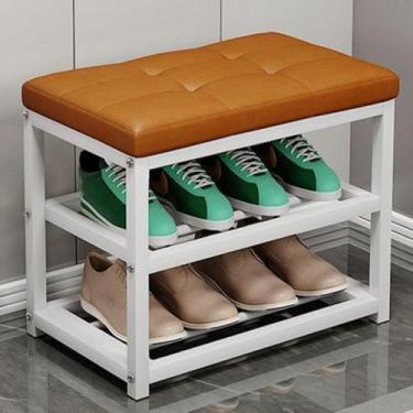 Imagem de Banco de sapateira com almofada removível, organizador de armazenamento de 2 camadas para entrada, quarto e sala de estar, prateleira de armazenamento de sapatos de 70 x 30 x 45 cm com assento