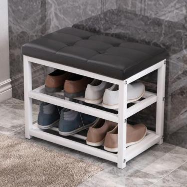 Imagem de Banco de sapateira com almofada removível, 50 x 30 x 45 cm - Organizador de armazenamento de sapatos de entrada de 2 níveis, prateleira de sapatos elegante para quarto, sala de estar, banheiro e