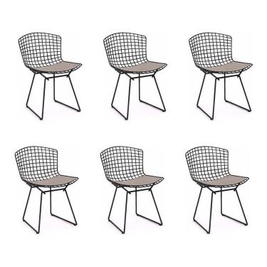 Imagem de Kit 6 Cadeiras Bertoia Preta Com Assento Bege