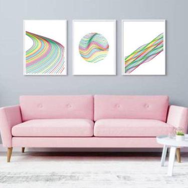 Imagem de Kit 3 Quadros Decorativos Abstratos Linhas Coloridas