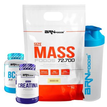 Imagem de KIT 1x Size Mass 3kg + Creatina 100g + BCAA Fit 100g + Coqueteleira - BRN Foods-Unissex