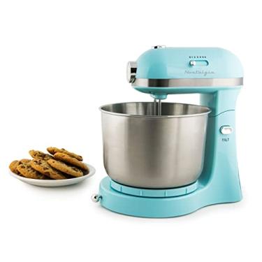 Imagem de Nostalgia Misturador de suporte profissional retrô clássico de 3,5 litros com cabeça inclinada e tigela de aço inoxidável, seis velocidades, inclui ganchos e batedores de massa, azul-piscina