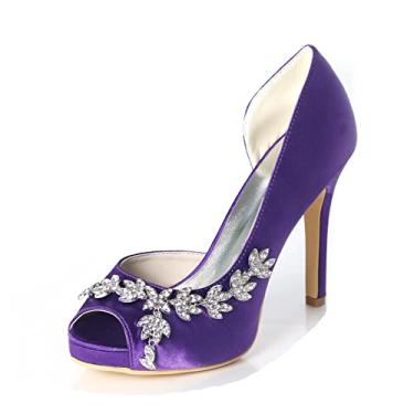 Imagem de Sapatos de noiva de casamento feminino stiletto marfim peep toe cetim sapatos de salto alto com strass 35-42,Dark purple,3 UK/36 EU