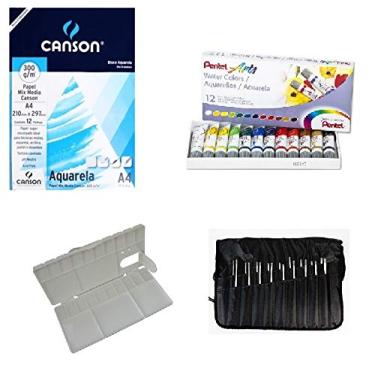 Imagem de Kit Papel Canson Aquarela + Aquarela Pentel 12 Cores + Godê + Pentel Kit pinceis sinoart