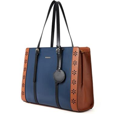Imagem de BOSTANTEN Bolsa feminina de couro para computador de 15,6 polegadas, bolsa vintage para trabalho, Azul e marrom, (L) 16.53" x (W) 5.31" x (H) 12.2", Clássica, durável, vintage