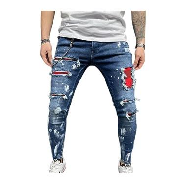 Imagem de Calça jeans masculina clássica elástica elegante calça jeans destruída streetwear, Azul, M