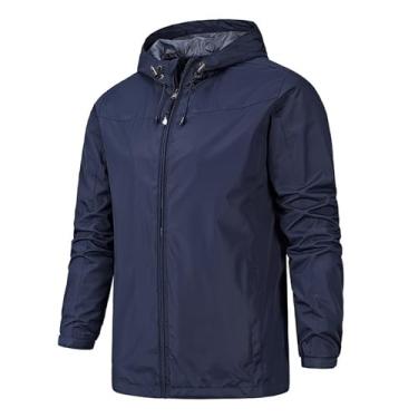 Imagem de Jaqueta masculina leve, corta-vento, cintura elástica, capa de chuva, casaco de ciclismo com capuz e gola, Azul-escuro, M