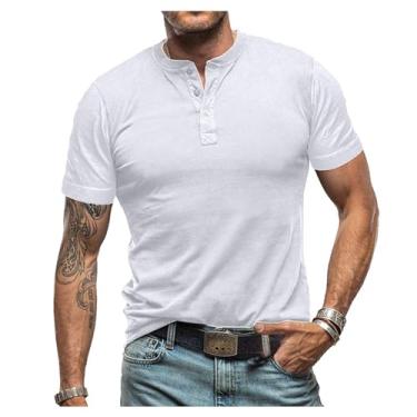 Imagem de Camisetas masculinas manga curta gola redonda Henley camisetas cor sólida abotoado casual esportes tops, Branco, M