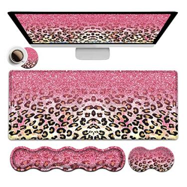 Imagem de Suporte de descanso de pulso para teclado de espuma de memória + mouse pad grande para jogos + conjunto de suporte de pulso ergonômico para mouse, almofada de mesa estendida com bordas costuradas 80 x 11 cm, tapete de mesa rosa leopardo glitter mousepad