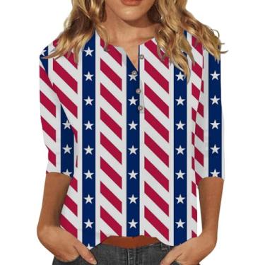 Imagem de Camiseta feminina bandeira americana listras estrelas verão Henley gola 3/4 camisetas patrióticas vermelho branco azul túnica, Azul escuro, M