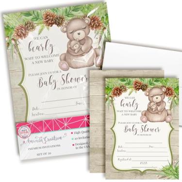 Imagem de Convites de chá de bebê Woodland Mom & Baby Bear para meninos ou meninas, 20 5x7 convites de ursinho de pelúcia dupla face com vinte envelopes brancos de gênero neutro cartões de ursos aconchegados