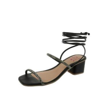 Imagem de Sandália Salto Bloco Gladiadora Brilho Amarração Preto Bellinda Shoes,
