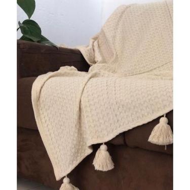 Imagem de Manta para Sofá Xale Pompom Decorativa Luxo Crua 100% Algodão - LojaAr