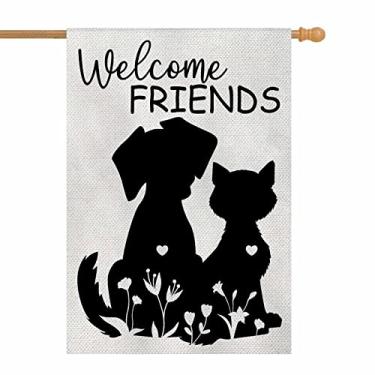 Imagem de AOYEGO Bem-vindo amigos casa bandeira vertical dupla face corte de serapilheira gato e cachorro sombra negra fazenda quintal bandeiras sazonais decoração 71 x 101 centímetros