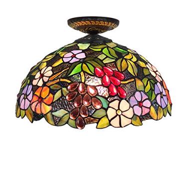 Imagem de Lustre de teto Tiffany com vitral de uva, lâmpada pendente barroca retrô para sala de estar, restaurante, bar, quarto, salão de exposições, quarto de hotel, 40 cm (16 pol.)