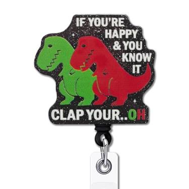 Imagem de YAZMEEN Carretel de crachá retrátil inspirador com clipe jacaré T-Rex Dinossauro porta-crachá engraçado preto glitter carretel de crachá presente para terapia ocupacional enfermeira médica professora