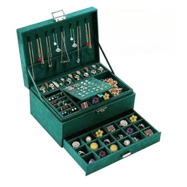 Imagem de Estojo Maleta Grande Tripla Porta Joias Bandeja Organizadora Bijuterias Viagem Caixa Organizadora Guarda Joias