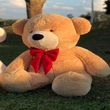Imagem de Urso de Pelúcia Gigante 90cm Personalizado Macio Teddy Doce de Leite com Laço Vermelho