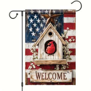 Imagem de Starlit Patio Bandeira patriótica 4 de julho Birdhouse jardim 30,5 x 45,7 cm dupla face pequena patriótica pássaro vermelho Dogwood bandeira de pássaro cardeal para decoração ao ar livre Memorial