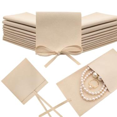 Imagem de Heliltd Bolsa de joias de microfibra de 8 x 8 cm - Sacos de embalagem a granel para pequenos presentes - Estilo mini envelope com cordas (bege)