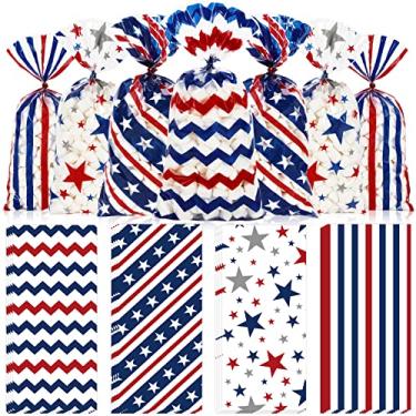 Imagem de Whaline 160 unidades de sacos de guloseimas patrióticas de celofane com listras de estrela de plástico transparente para doces e violoncelo para meninos festa de aniversário com laços torcidos para