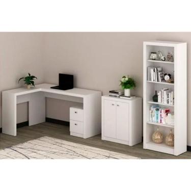 Imagem de Escritório Completo 1 Mesa De Canto Para Escritório Me4129 + 1 Balcão Me4103 + 1 Estante Me4104 3 Peças Branco Tecno Mobili
