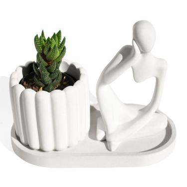 Imagem de Conjunto Decorativo 3 Peças Estátua Pensadora Vaso Tulipa E Bandeja Branco
