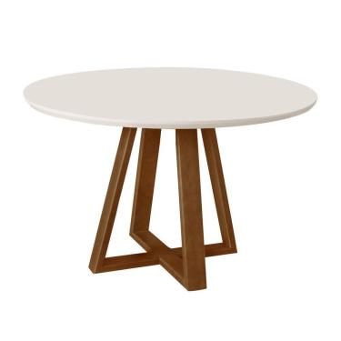 Imagem de Mesa De Jantar Luxo Tampo Mdf/vidro Redonda Para 4 Lugares Pés Madeira Maciça Pérola - Imbuia/off Wh