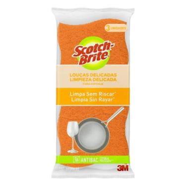 Imagem de Esponja Laranja Não Risca Louças Delicadas Scotch-Brite Antibac 3 Unid