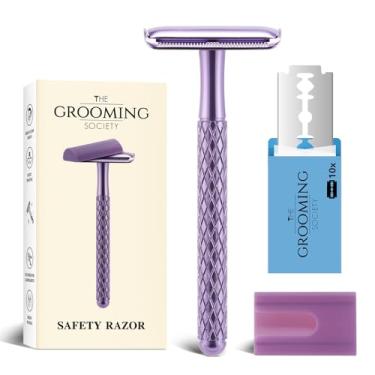 Imagem de The Grooming Society Navalha de segurança de borda dupla para mulheres, roxo com 10 lâminas e capa de silicone - Lâmina única de metal durável e ecológica - Barbear suave e fechado