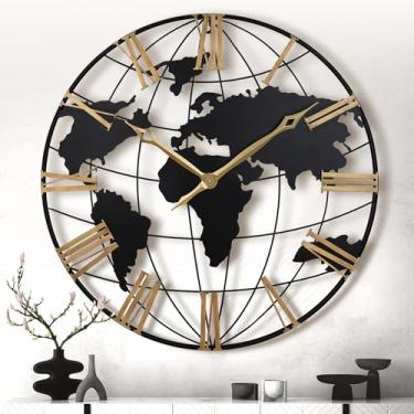 Imagem de Lafocuse Relógio de parede preto grande com mapa do mundo de 58 cm, relógios de parede modernos silenciosos sem tique-taque para decoração de sala de estar, relógios grandes com algarismos romanos