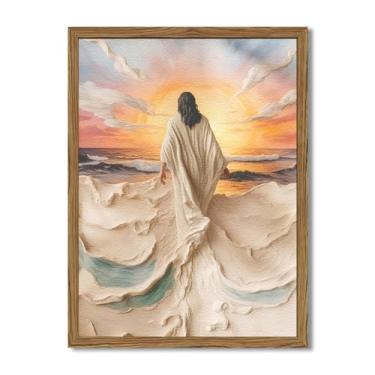 Imagem de Arte de parede emoldurada com textura 3D Jesus andando na água - Imagens de decoração de parede cristã, pinturas de arenito de luz divina, impressões religiosas abstratas para decoração de sala de