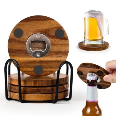 Imagem de Porta-copos de madeira 2 em 1 com abridor de garrafa, conjunto de 4 com suporte – Porta-copos engraçados de madeira de acácia com abridores de aço inoxidável e pés antiderrapantes – Durável e