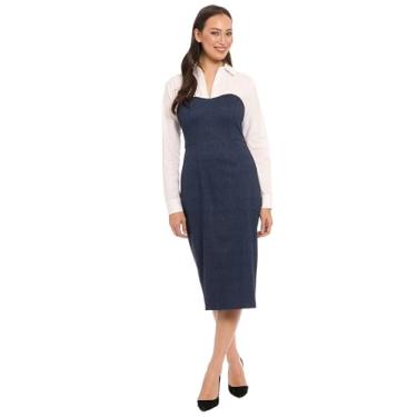 Imagem de London Times Vestido feminino midi bainha com gola gola justa corpo estruturado fenda lateral Ponte jeans, Jeans azul, 50