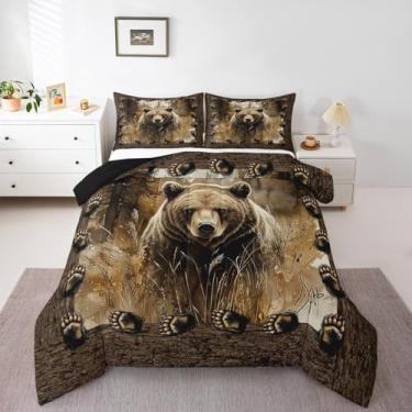 Imagem de Erosebridal Conjunto de edredom rústico casal, urso de caça, para crianças, meninos e meninas, edredom de cabana, animais de fazenda, reversível, com 2 fronhas, decoração de quarto