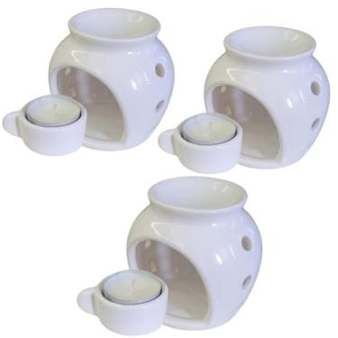 Imagem de Kit 3 Difusor Rechaud Cerâmica Bolinha com Panelinha Para Óleos Essenciais e Wax Melts Branco