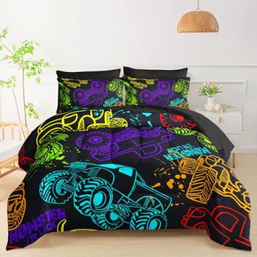 Imagem de QOOMO Jogo de cama casal de 7 peças, caminhão preto, para crianças e adolescentes, inclui 1 edredom, 1 lençol com elástico, 1 lençol de cima, 2 fronhas estampadas e 2 fronhas pretas
