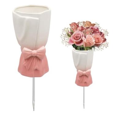 Imagem de Vaso de cemitério para decorações de túmulos com ponta de metal, vaso de cerâmica para marcadores memoriais, placa de decoração de túmulo para gramado ao ar livre